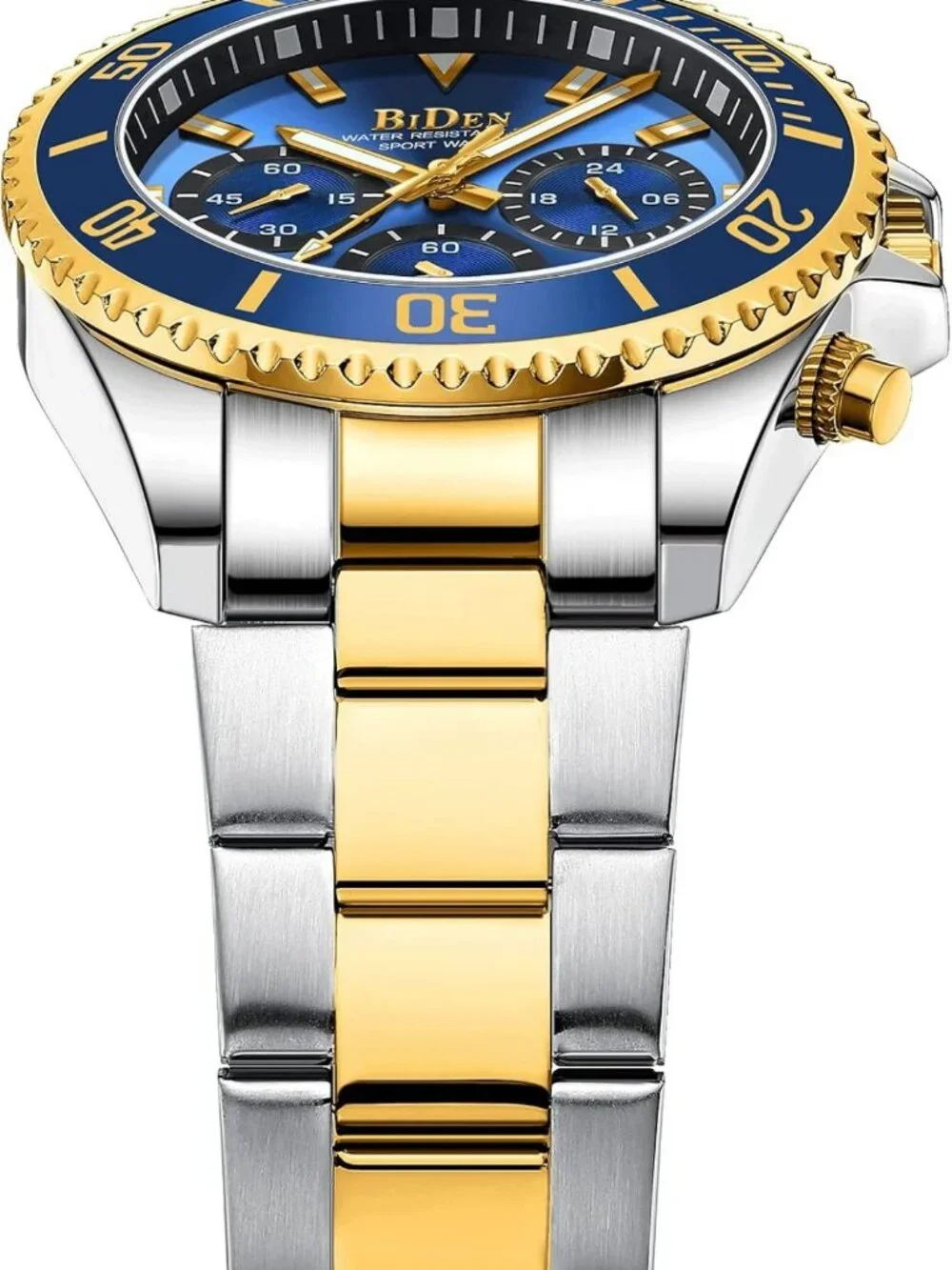 Stylish Men's Chronograph Watch - Gold & Blue Stainless Steel, Waterproof, Date